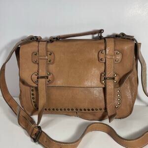 Patricia Nash Camel Brown Leather Studded Satchel Messenger Bag